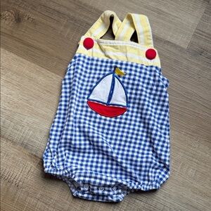 Blue Checkered Baby Bodysuit with Sailboat Design